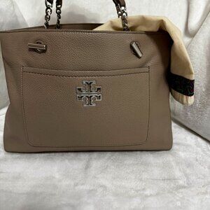 Tory Burch Britten Satchel French Gray Structured Purse Pebbled Leather Handbag